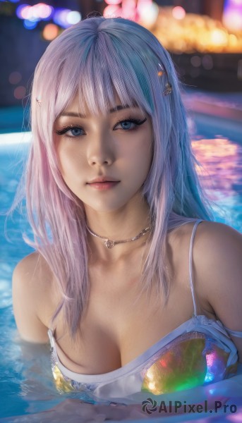 1girl,solo,long hair,breasts,looking at viewer,bangs,blue eyes,hair ornament,cleavage,bare shoulders,jewelry,medium breasts,closed mouth,blue hair,collarbone,swimsuit,upper body,pink hair,grey hair,bikini,multicolored hair,hairclip,artist name,water,necklace,blurry,lips,streaked hair,wet,eyelashes,makeup,depth of field,blurry background,strap slip,camisole,partially submerged,realistic,nose,spaghetti strap,pool,gawr gura,virtual youtuber