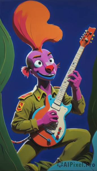 solo,smile,open mouth,1boy,ponytail,male focus,red hair,teeth,orange hair,uniform,military,military uniform,colored skin,instrument,furry,music,guitar,playing instrument,holding instrument,electric guitar,pink skin,buck teeth,tail,furry male,mohawk,clown