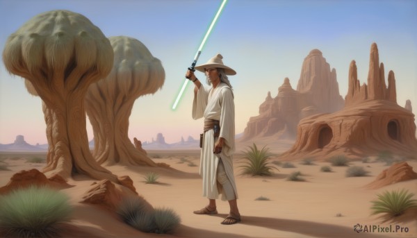 1girl,solo,long hair,long sleeves,1boy,hat,holding,standing,weapon,male focus,outdoors,sky,sword,dark skin,wide sleeves,holding weapon,facial hair,holding sword,sandals,beard,robe,energy sword,desert,lightsaber,brown hair,day,belt,tree,blue sky,brown footwear,scenery,science fiction,rock,realistic,sand,tunic,white robe,cactus