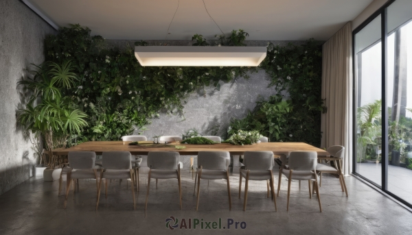 day,indoors,tree,cup,no humans,window,shadow,chair,table,sunlight,plant,curtains,scenery,plate,teacup,potted plant,bush,ceiling light,tiles,light,wall,ceiling