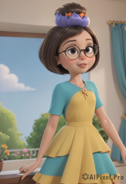 1girl,solo,breasts,blush,smile,short hair,brown hair,shirt,hair ornament,dress,brown eyes,jewelry,standing,flower,short sleeves,small breasts,parted lips,sky,glasses,teeth,day,artist name,cloud,indoors,dark skin,tree,blue sky,lips,window,blue dress,table,blue shirt,curtains,child,black-framed eyewear,female child,potted plant,open mouth,black hair,collarbone,cowboy shot,earrings,hair flower,blurry,flat chest,blurry background,watermark,looking away,plant,web address,multicolored clothes,green dress,yellow flower,nose,yellow dress,multicolored dress