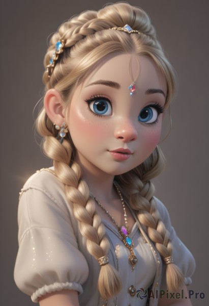 1girl,solo,long hair,breasts,looking at viewer,blush,smile,blue eyes,blonde hair,simple background,hair ornament,dress,jewelry,closed mouth,upper body,braid,short sleeves,earrings,small breasts,puffy sleeves,necklace,twin braids,puffy short sleeves,lips,eyelashes,makeup,gem,child,hair over shoulder,freckles,brown background,circlet,realistic,nose,blue gemstone,multiple braids,bangs,shirt,artist name,lipstick,red lips,mascara