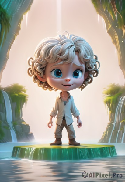 solo,looking at viewer,smile,short hair,open mouth,blue eyes,blonde hair,shirt,1boy,standing,full body,white hair,male focus,outdoors,pants,artist name,water,chibi,tree,brown footwear,sunlight,child,backlighting,curly hair,light rays,male child,brown pants,waterfall,boots,pointy ears