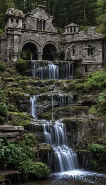 outdoors,day,water,tree,no humans,bird,plant,building,nature,scenery,forest,architecture,ruins,bridge,waterfall,arch,moss,overgrown,river