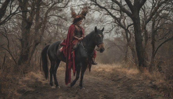 1girl,solo,long hair,brown hair,black hair,hair ornament,long sleeves,dress,sitting,outdoors,wide sleeves,tree,animal,nature,scenery,forest,riding,antlers,horse,bare tree,horseback riding,reins,short hair,hat,holding,weapon,boots,cape,red cape,wide shot,red cloak,saddle