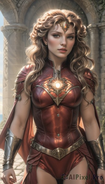 1girl,solo,long hair,breasts,looking at viewer,blue eyes,blonde hair,brown hair,thighhighs,jewelry,medium breasts,standing,cowboy shot,earrings,parted lips,teeth,shiny,belt,artist name,signature,cape,nail polish,armor,leotard,lips,fingernails,grey eyes,makeup,glowing,wavy hair,tiara,lipstick,shoulder armor,gem,breasts apart,skin tight,backlighting,curly hair,pauldrons,circlet,realistic,fantasy,arms at sides,red cape,red lips,bracer,red leotard,pillar,superhero,red gemstone,column,blush,covered navel,nose