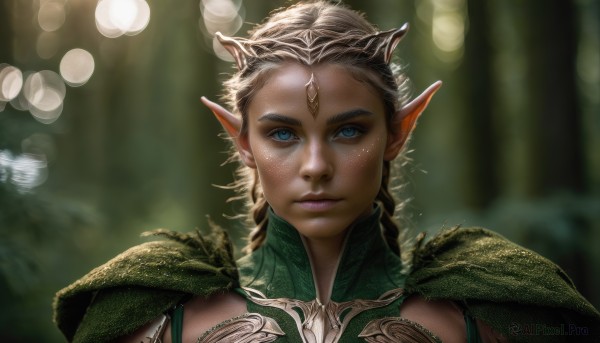 1girl,solo,long hair,looking at viewer,blue eyes,blonde hair,closed mouth,braid,pointy ears,armor,blurry,lips,depth of field,blurry background,elf,shoulder armor,portrait,freckles,pauldrons,circlet,realistic,nose,fantasy,bokeh,upper body,eyelashes,makeup,sunlight,nature,backlighting,forehead jewel