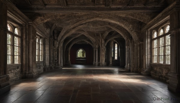 day,indoors,water,no humans,window,sunlight,scenery,light rays,stairs,door,light,architecture,ruins,pillar,hallway,church,arch,column,plant,wooden floor,fantasy,tiles,wall,tile floor,floor,ceiling