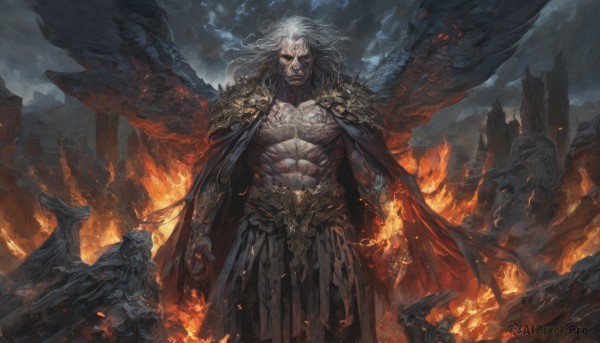 solo,long hair,looking at viewer,1boy,closed mouth,standing,white hair,male focus,outdoors,wings,sky,cloud,cape,armor,torn clothes,tattoo,muscular,glowing,facial hair,scar,abs,cloudy sky,fire,pectorals,muscular male,shoulder armor,glowing eyes,feathered wings,beard,black wings,pauldrons,topless male,vambraces,manly,bare pectorals,ruins,white eyes,embers,grey hair,skull,bracer,spread wings,molten rock