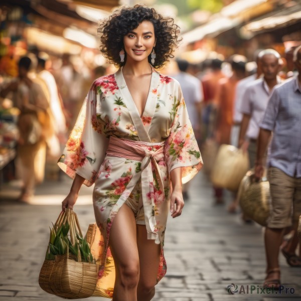 1girl,breasts,looking at viewer,smile,large breasts,black hair,1boy,hat,holding,cleavage,brown eyes,jewelry,earrings,outdoors,japanese clothes,multiple boys,shorts,solo focus,dark skin,2boys,kimono,bag,blurry,black eyes,dark-skinned female,lips,sash,depth of field,blurry background,obi,floral print,sandals,walking,curly hair,yukata,realistic,basket,print kimono,holding bag,very dark skin,afro,standing,grin,white kimono