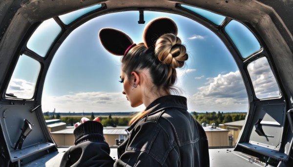 1girl,solo,blonde hair,black hair,long sleeves,animal ears,jewelry,jacket,upper body,earrings,outdoors,sky,day,cloud,hair bun,nail polish,from side,blue sky,lips,black jacket,sleeves past wrists,profile,fake animal ears,piercing,single hair bun,cloudy sky,denim,ground vehicle,ear piercing,red nails,motor vehicle,reflection,mouse ears,car,stud earrings,chinese zodiac,leather,car interior,year of the rat,denim jacket,from behind,window,realistic,nose,earphones,leather jacket