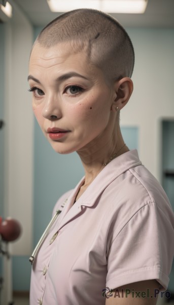 1girl,solo,looking at viewer,short hair,brown hair,shirt,1boy,jewelry,white shirt,upper body,short sleeves,male focus,earrings,parted lips,collared shirt,indoors,necklace,mole,blurry,black eyes,from side,lips,grey eyes,mole under eye,blurry background,piercing,freckles,realistic,red lips,very short hair,buzz cut,brown eyes,veins,nose,bald