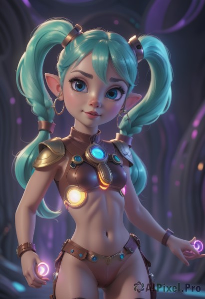 1girl,solo,long hair,breasts,looking at viewer,smile,blue eyes,thighhighs,navel,twintails,jewelry,underwear,blue hair,panties,braid,cowboy shot,earrings,small breasts,parted lips,green hair,pointy ears,midriff,armor,twin braids,bracelet,lips,aqua hair,glowing,shoulder armor,bikini armor,belt,freckles