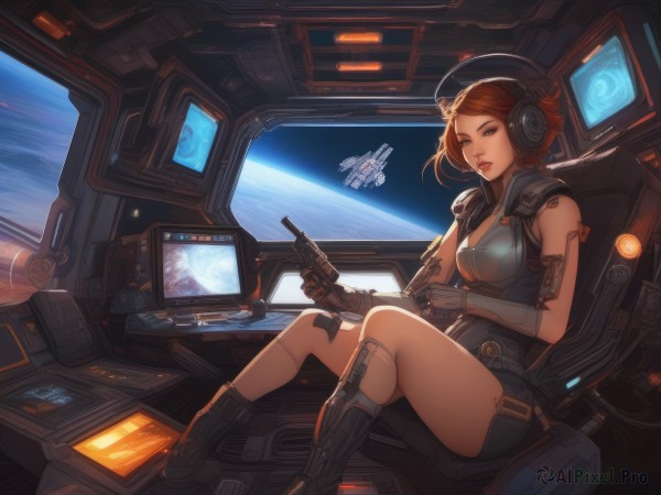 1girl,solo,breasts,looking at viewer,short hair,brown hair,gloves,hat,holding,cleavage,brown eyes,medium breasts,sitting,weapon,boots,parted lips,shorts,sleeveless,socks,elbow gloves,holding weapon,lips,gun,kneehighs,tattoo,headphones,knee boots,holding gun,handgun,headset,science fiction,space,planet,grey gloves,earth (planet),spacecraft,energy gun,cyberpunk,cockpit,red hair,freckles,realistic,monitor,holographic interface