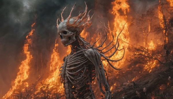 solo,outdoors,horns,sky,tree,no humans,fire,scenery,1other,skull,monster,ruins,ribs,skeleton,bone,embers,burning,spine,holding,weapon,holding weapon,nature,forest,smoke,antlers