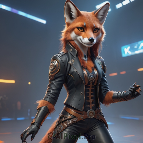 1girl,solo,long hair,breasts,looking at viewer,smile,gloves,long sleeves,animal ears,cleavage,brown eyes,jewelry,medium breasts,standing,jacket,tail,cowboy shot,open clothes,teeth,black gloves,belt,pants,artist name,necklace,grin,open jacket,black jacket,orange eyes,fox ears,fox tail,black pants,fox girl,gauntlets,claws,furry,buckle,pendant,colored sclera,contrapposto,belt buckle,furry female,leather,badge,fox,leather jacket,orange fur,orange hair,leather pants