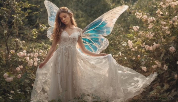 1girl, solo, long hair, brown hair, hair ornament, dress, standing, closed eyes, flower, outdoors, wings, white dress, tree, rose, white flower, nature, realistic, skirt hold, fairy wings, fairy, white rose