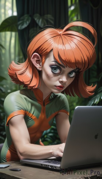 1girl,solo,breasts,looking at viewer,short hair,bangs,blue eyes,shirt,jewelry,green eyes,upper body,ahoge,short sleeves,earrings,small breasts,parted lips,shiny,artist name,medium hair,orange hair,blurry,shiny hair,tree,lips,eyelashes,makeup,blurry background,leaf,thick eyebrows,plant,lipstick,nature,freckles,green shirt,red lips,stud earrings,computer,laptop,mouse (computer),body freckles,red hair,indoors,table,nose