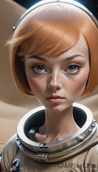 1girl,solo,looking at viewer,short hair,bangs,brown hair,brown eyes,closed mouth,green eyes,upper body,artist name,orange hair,mole,lips,eyelashes,makeup,swept bangs,watermark,bob cut,portrait,star (sky),freckles,realistic,nose,space,spacesuit,space helmet,astronaut,expressionless,helmet,planet,dirty,dirty face