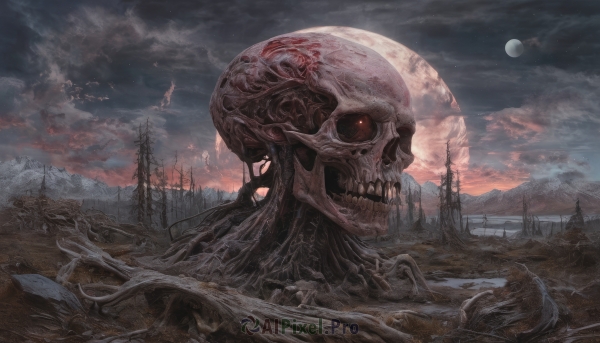 red eyes,outdoors,sky,teeth,cloud,tree,no humans,night,glowing,moon,cloudy sky,scenery,glowing eyes,full moon,skull,monster,fantasy,ruins,skeleton,bone,fog,solo,signature,mountain,landscape,horror (theme)