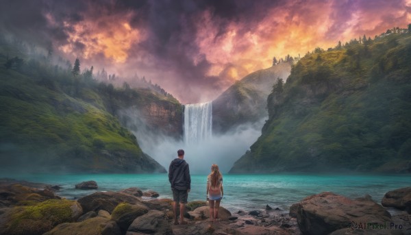 1girl, long hair, short hair, skirt, blonde hair, brown hair, black hair, 1boy, standing, outdoors, sky, shorts, barefoot, cloud, hood, water, bag, from behind, tree, hoodie, cloudy sky, nature, scenery, forest, rock, mountain, waterfall