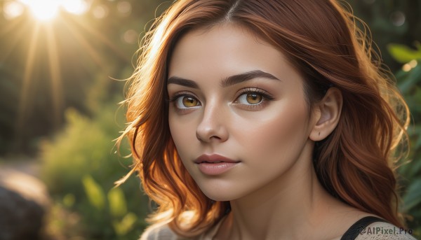 1girl,solo,long hair,looking at viewer,brown hair,shirt,brown eyes,closed mouth,white shirt,outdoors,parted lips,day,blurry,lips,eyelashes,depth of field,blurry background,wavy hair,sunlight,portrait,close-up,forehead,lens flare,freckles,curly hair,realistic,nose,artist name,watermark,light rays,bokeh