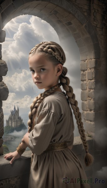 1girl,solo,long hair,looking at viewer,blonde hair,brown hair,dress,brown eyes,jewelry,closed mouth,standing,braid,outdoors,sky,choker,day,looking back,cloud,necklace,white dress,twin braids,bracelet,blue sky,lips,grey eyes,sunlight,cloudy sky,building,forehead,robe,realistic,fantasy,pillar,castle,arch,multiple braids,blue eyes,from side,child,light rays