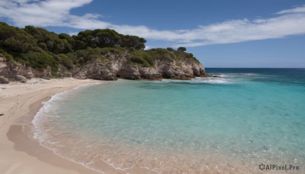 outdoors,sky,day,cloud,water,tree,blue sky,no humans,ocean,beach,cloudy sky,nature,scenery,rock,sand,horizon,waves,shore,forest,island