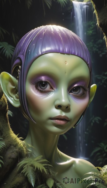 1girl,solo,looking at viewer,short hair,closed mouth,purple hair,water,black eyes,tree,lips,wet,grey eyes,eyelashes,makeup,colored skin,leaf,plant,portrait,nature,eyeshadow,forest,realistic,nose,wet hair,green skin,waterfall,brown eyes,collarbone,upper body,pointy ears,facial mark,forehead mark,forehead jewel,alien,yellow skin