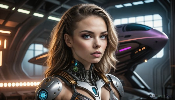 HQ,1girl,solo,long hair,looking at viewer,blue eyes,blonde hair,brown hair,upper body,parted lips,indoors,armor,lips,makeup,robot,portrait,science fiction,realistic,nose,power armor,breasts,cleavage,medium breasts,bodysuit,mecha,forehead,freckles,spacecraft,power suit