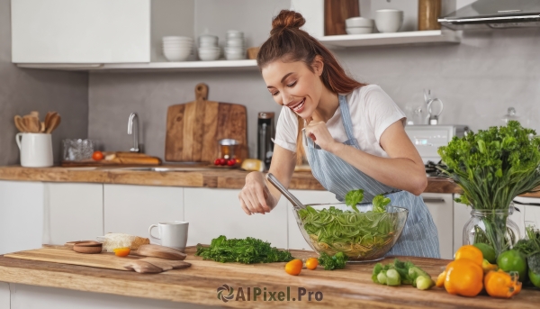 1girl,solo,long hair,smile,open mouth,brown hair,shirt,holding,closed eyes,white shirt,upper body,short sleeves,food,teeth,indoors,hair bun,apron,cup,window,fruit,single hair bun,bottle,knife,plant,t-shirt,steam,finger to mouth,plate,bowl,realistic,spoon,basket,holding knife,carrot,egg,cooking,ladle,orange (fruit),kitchen,tomato,vegetable,sink,spatula,cucumber,stove,lettuce,potato,kitchen knife,cutting board,onion,refrigerator