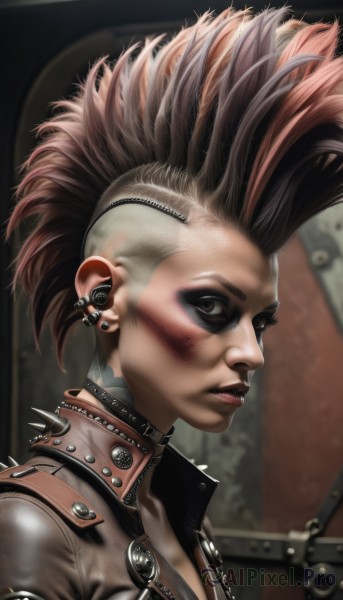 1girl,solo,looking at viewer,short hair,brown hair,brown eyes,jewelry,jacket,upper body,pink hair,red hair,multicolored hair,earrings,parted lips,mole,blurry,collar,two-tone hair,lips,tattoo,makeup,blurry background,piercing,spiked hair,ear piercing,portrait,spikes,realistic,nose,facepaint,leather,spiked collar,leather jacket,mohawk,choker,from side,mole under eye,zipper,very short hair,undercut,facial tattoo,earpiece,eyebrow piercing