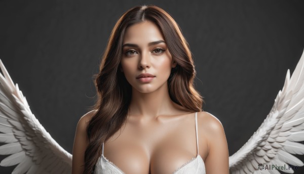 1girl,solo,long hair,breasts,looking at viewer,large breasts,simple background,brown hair,cleavage,bare shoulders,brown eyes,closed mouth,underwear,collarbone,upper body,wings,grey background,bra,lips,feathered wings,white bra,angel wings,realistic,nose,white wings,angel,medium breasts,parted lips,black background