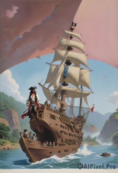 1girl,long hair,multiple girls,brown hair,shirt,black hair,hat,standing,weapon,red hair,boots,outdoors,multiple boys,sky,day,pants,cloud,water,tree,blue sky,bird,ocean,animal,scenery,6+boys,watercraft,ship,boat,pirate hat,seagull,pirate,airship,mast,2girls,rock,mountain,river