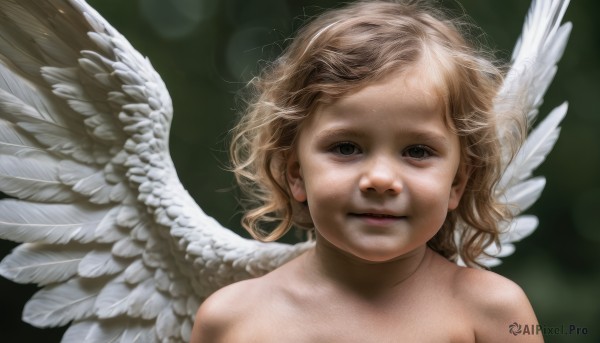 1girl,solo,looking at viewer,short hair,blonde hair,brown hair,brown eyes,closed mouth,upper body,nude,wings,blurry,lips,messy hair,portrait,feathered wings,angel wings,realistic,white wings,angel