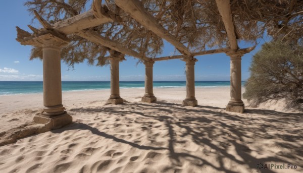 outdoors,sky,day,cloud,water,tree,blue sky,no humans,shadow,ocean,beach,sunlight,scenery,sand,horizon,shade,pillar,shore,column,palm tree,branch