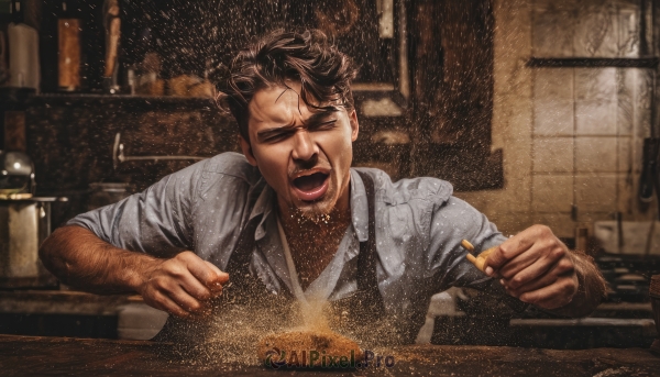 solo,short hair,open mouth,brown hair,shirt,black hair,1boy,holding,jacket,closed eyes,white shirt,upper body,male focus,necktie,teeth,collared shirt,indoors,facial hair,facing viewer,realistic,mustache,food,apron,window,parody,table,bottle,beard,sleeves rolled up,smoke,shouting,cooking,kitchen,arm hair,screaming