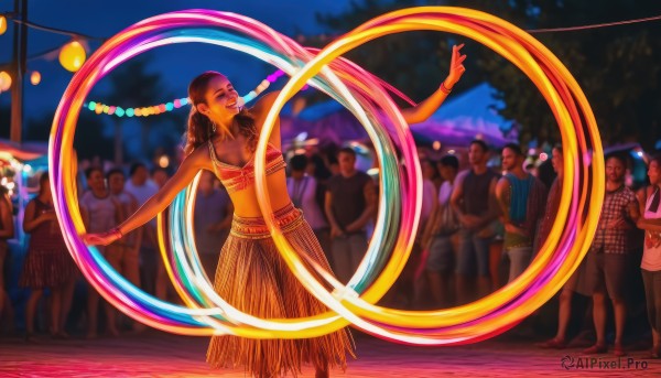 1girl,long hair,smile,multiple girls,skirt,brown hair,shirt,black hair,navel,jewelry,standing,closed eyes,earrings,outdoors,multiple boys,solo focus,midriff,dark skin,necklace,blurry,bracelet,dark-skinned female,tree,night,blurry background,outstretched arms,curly hair,bangle,tube top,dancing,balloon,crowd,very dark skin,dreadlocks,breasts,braid,tattoo,6+boys,long skirt