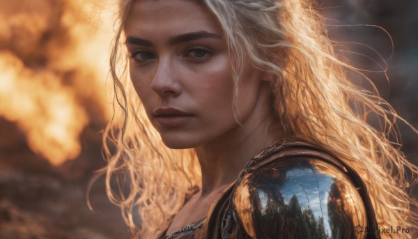 1girl,solo,long hair,looking at viewer,blonde hair,closed mouth,outdoors,parted lips,artist name,blurry,lips,grey eyes,eyelashes,depth of field,blurry background,wavy hair,portrait,close-up,freckles,curly hair,realistic,nose,brown eyes,sky,cloud,signature,armor,tree,chain,sunlight,thick eyebrows,fire,shoulder armor,messy hair