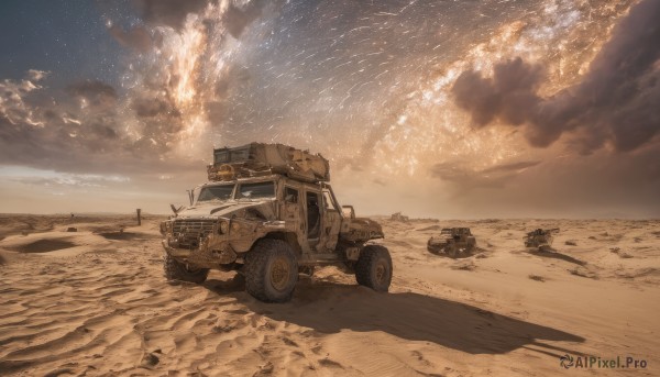 outdoors,sky,cloud,military,no humans,night,shadow,ground vehicle,star (sky),night sky,scenery,motor vehicle,smoke,starry sky,sand,military vehicle,car,tank,vehicle focus,caterpillar tracks,desert,dust,ocean,beach,cloudy sky,truck,tire