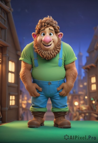 solo,looking at viewer,smile,open mouth,brown hair,shirt,1boy,animal ears,brown eyes,standing,full body,short sleeves,:d,male focus,boots,outdoors,sky,teeth,pants,artist name,blurry,night,blurry background,facial hair,brown footwear,thick eyebrows,suspenders,denim,building,night sky,furry,green shirt,arms at sides,overalls,furry male,fat,fat man,brown fur,arm hair,blue overalls,window,curly hair,jeans,blue pants,lamppost,bear ears