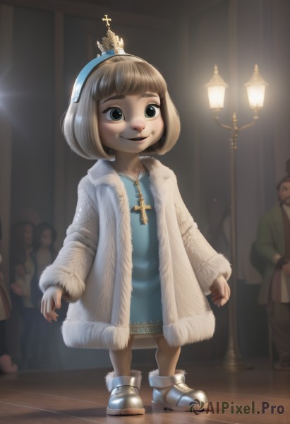 1girl,smile,short hair,bangs,blonde hair,brown hair,long sleeves,dress,jewelry,green eyes,standing,full body,hairband,boots,multiple boys,open clothes,shoes,solo focus,artist name,indoors,signature,blunt bangs,necklace,black eyes,coat,fur trim,blue dress,facial hair,white footwear,cross,crown,child,open coat,female child,light,lamp,cross necklace,fur-trimmed coat,lamppost,solo,bob cut,spotlight