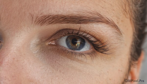 1girl,solo,looking at viewer,blue eyes,brown hair,1boy,brown eyes,male focus,blurry,eyelashes,depth of field,close-up,freckles,reflection,realistic,eye focus