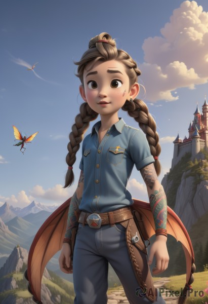 1girl,solo,long hair,looking at viewer,smile,brown hair,shirt,brown eyes,jewelry,closed mouth,standing,weapon,braid,short sleeves,earrings,outdoors,wings,sky,day,collared shirt,belt,pants,cloud,twin braids,flat chest,blue sky,lips,tattoo,thick eyebrows,bug,blue shirt,wristband,butterfly,child,freckles,demon wings,pocket,mountain,arms at sides,female child,brown belt,breast pocket,castle,blush,parted lips,artist name,grass,denim,building,pouch,jeans,rock