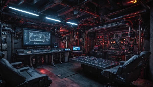 indoors,no humans,chair,robot,scenery,science fiction,realistic,cable,computer,monitor,cockpit,machine,signature,machinery,light,spacecraft