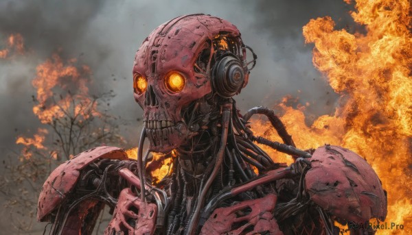 solo,upper body,tree,orange eyes,no humans,glowing,fire,robot,mecha,glowing eyes,1other,smoke,science fiction,cable,explosion,damaged,mechanical parts,wire,burning,humanoid robot,1boy,male focus,skull,skeleton