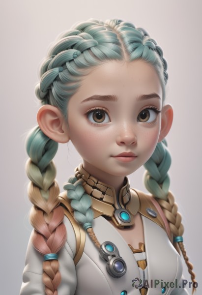 1girl,solo,long hair,breasts,looking at viewer,simple background,brown hair,brown eyes,closed mouth,blue hair,jacket,upper body,braid,multicolored hair,small breasts,artist name,grey background,twin braids,two-tone hair,lips,eyelashes,aqua hair,gradient hair,makeup,forehead,freckles,realistic,nose,multiple braids,gradient,gradient background