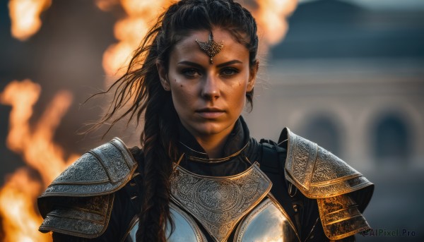 1girl,solo,long hair,looking at viewer,blue eyes,brown hair,black hair,brown eyes,jewelry,upper body,braid,artist name,signature,armor,mole,blurry,lips,mole under eye,single braid,blurry background,fire,shoulder armor,portrait,freckles,pauldrons,circlet,breastplate,realistic,gorget,chainmail,parted lips