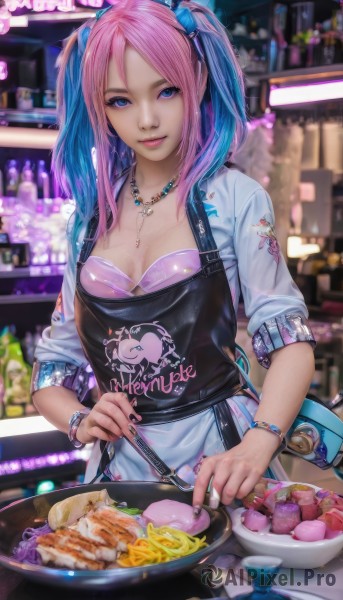 1girl,solo,long hair,breasts,looking at viewer,smile,bangs,blue eyes,shirt,hair ornament,holding,cleavage,twintails,jewelry,medium breasts,closed mouth,underwear,blue hair,standing,pink hair,multicolored hair,food,artist name,indoors,necklace,nail polish,bra,blurry,apron,bracelet,two-tone hair,lips,streaked hair,fingernails,parted bangs,eyelashes,gradient hair,makeup,depth of field,blurry background,ring,bottle,black nails,clothes writing,plate,sleeves rolled up,blue nails,long fingernails,beads,bowl,chopsticks,pink lips,realistic,spoon,pink bra,nose,cooking,meat,kitchen,sleeves pushed up,mascara,frying pan,black apron,stove,upper body,small breasts,parted lips,watermark,knife,lipstick,web address,eyeshadow,fork,egg