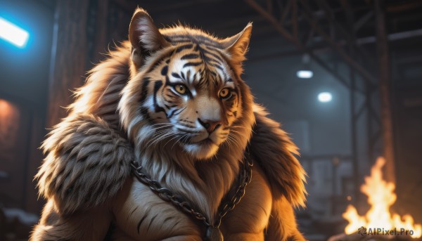 solo,looking at viewer,1boy,jewelry,closed mouth,yellow eyes,upper body,male focus,indoors,necklace,blurry,no humans,muscular,night,blurry background,chain,animal,scar,fire,pectorals,muscular male,bara,furry,colored sclera,furry male,body fur,white fur,chest hair,whiskers,tiger,chain necklace,orange fur,tiger stripes,pelt,artist name,realistic,animal focus